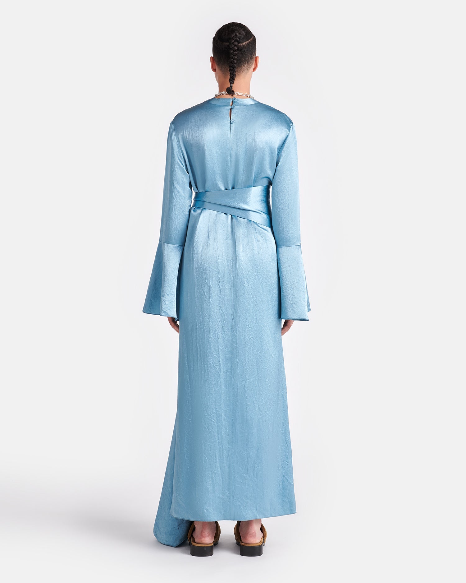 Jabelle - Belted Crinkled-Satin Maxi Dress - Aqua