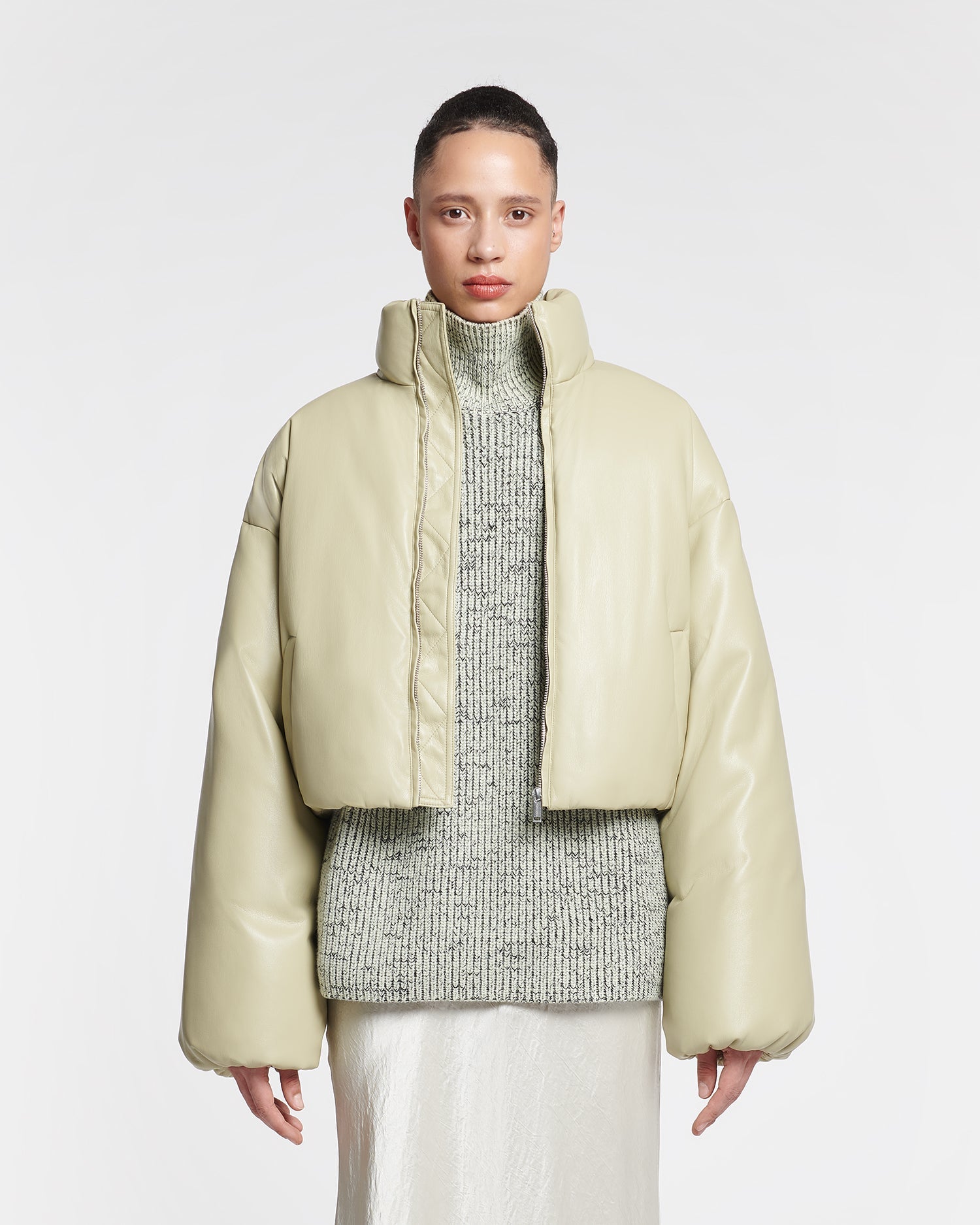 Lilima - Cropped Okobor™ Alt-Leather Puffer Jacket - Pale Olive