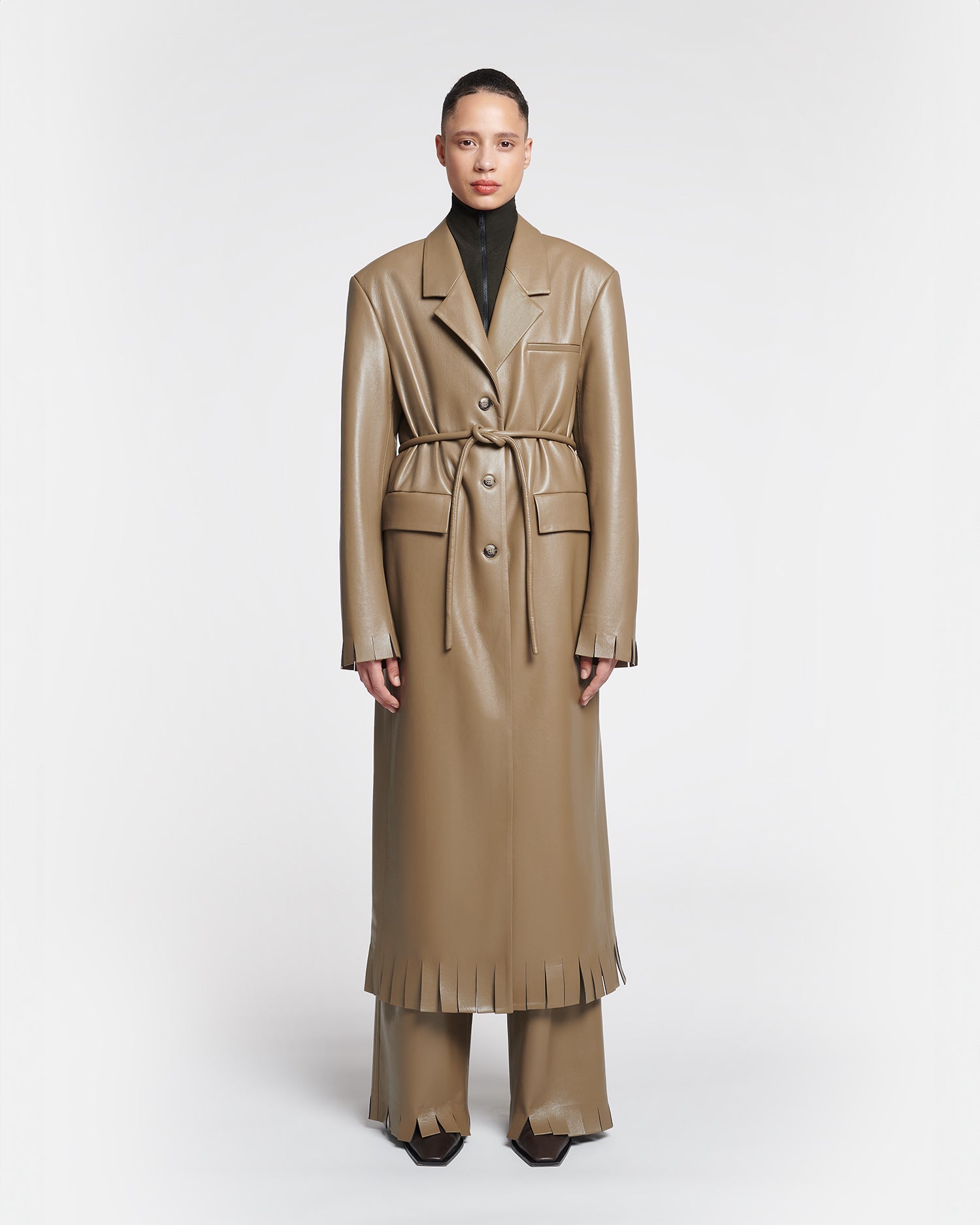 Nikoline - Belted Regenerated Leather Coat - Muted Khaki