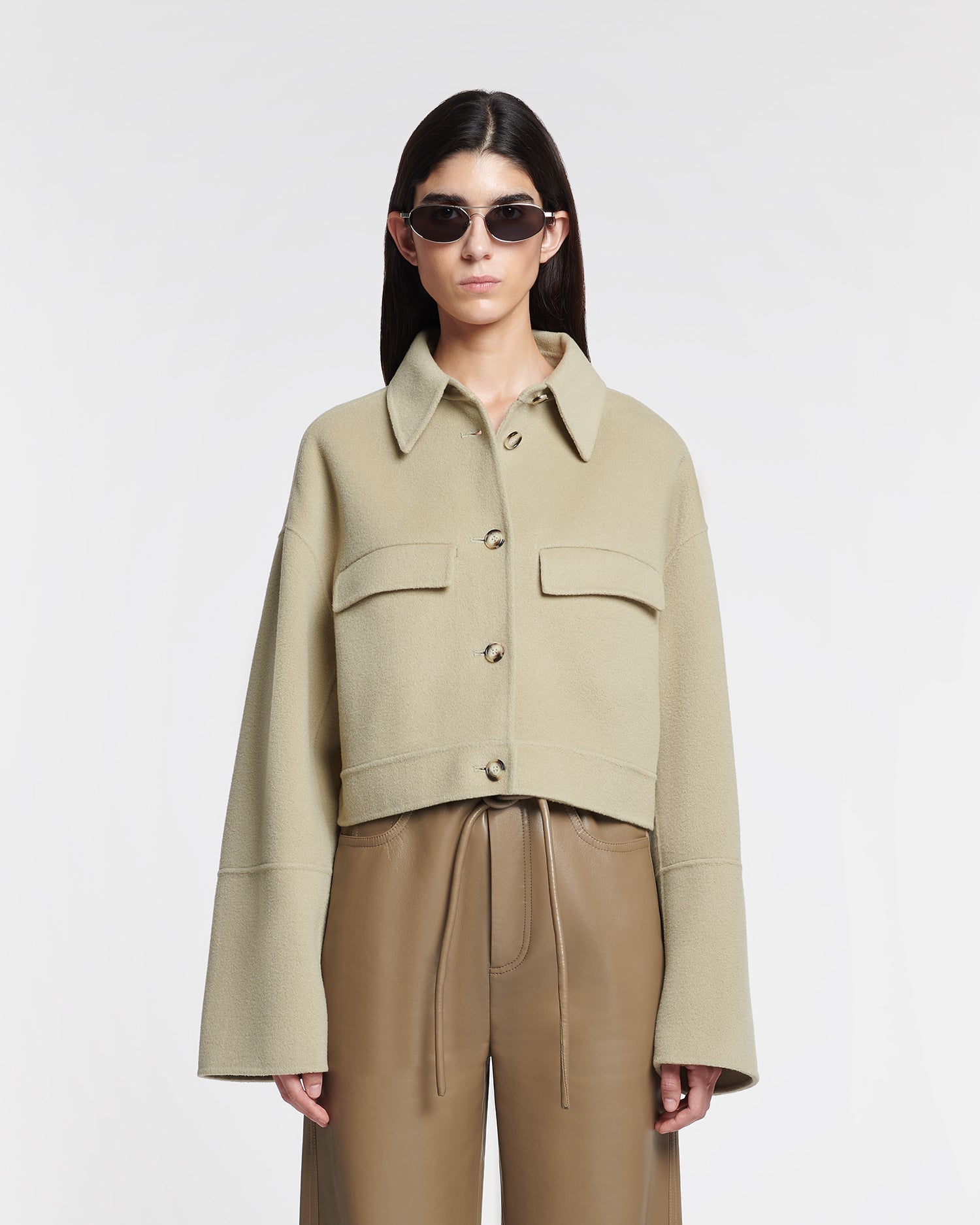 Nevelle - Cropped Double Wool And Silk Jacket - Pale Olive