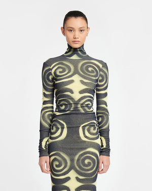 Cardia - Mesh-Jersey Turtleneck Dress - Spiral Spray