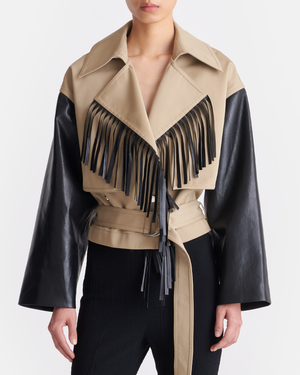 Kazia - Fringed Twill and Regenerated Leather Jacket - Beige/Black