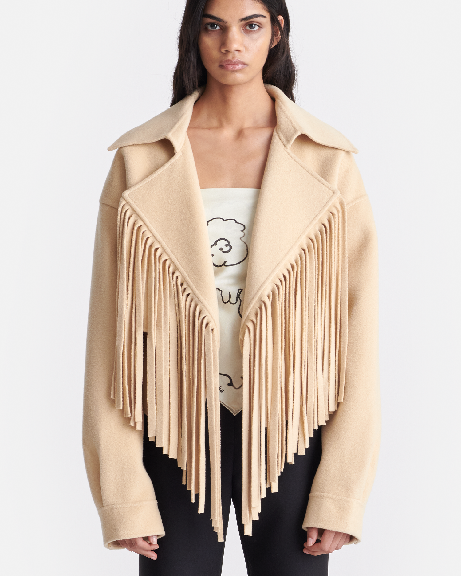 Ticia - Fringed Double Wool Jacket - Creme