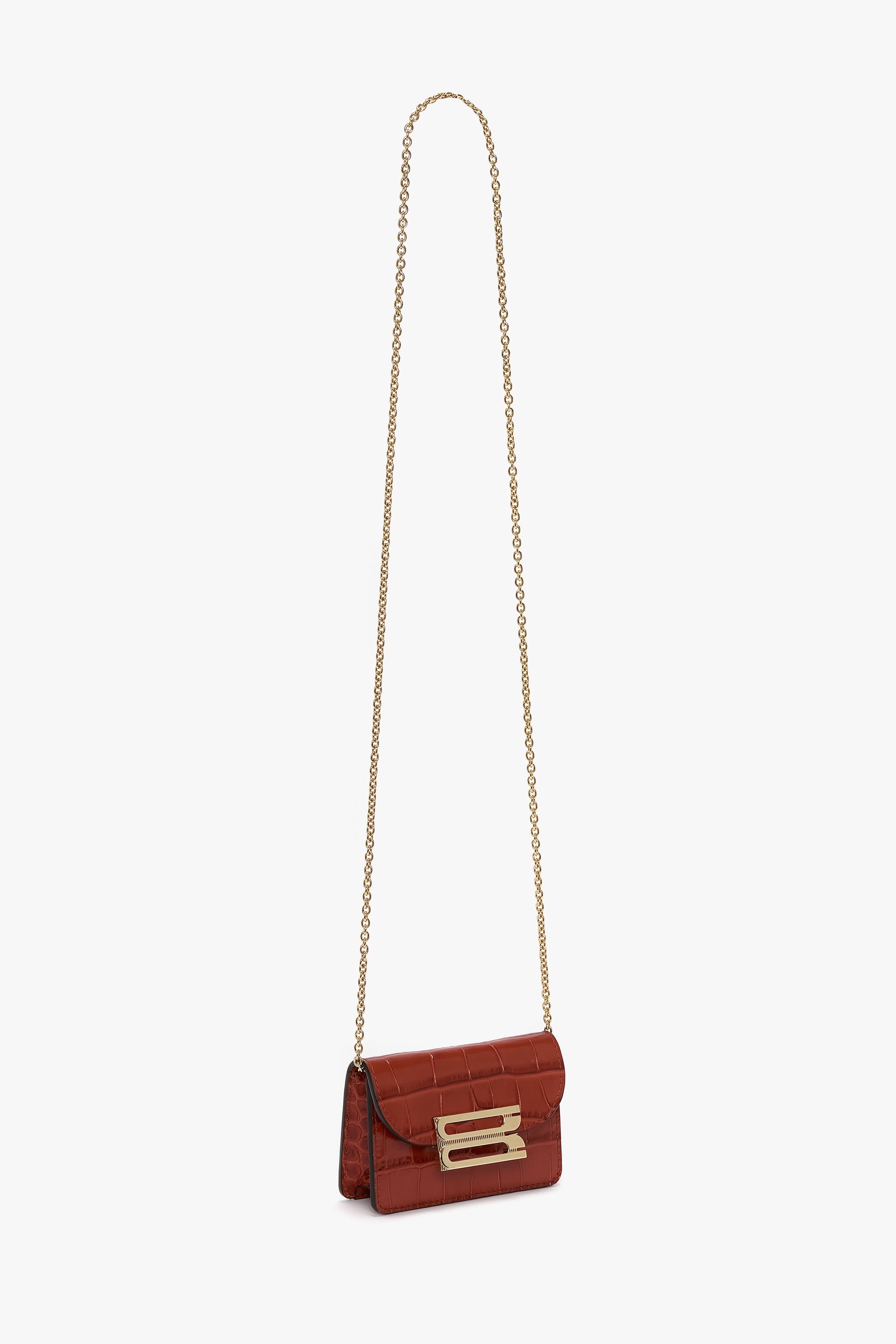 Micro Dorian Bag With Chain Strap In Brick Red Croc Embossed Leather