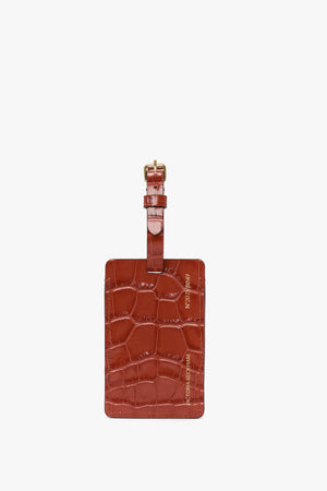 Luggage Tag In Brick Red Croc Embossed Leather