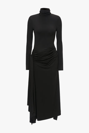 High Neck Asymmetric Draped Dress In Black