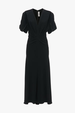 Gathered V-Neck Midi Dress In Black