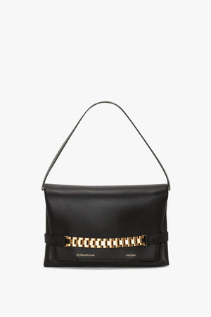 Chain Pouch Bag with Strap In Black Leather