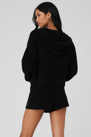 Cashmere Plush Waffle Full Zip Hoodie - Black