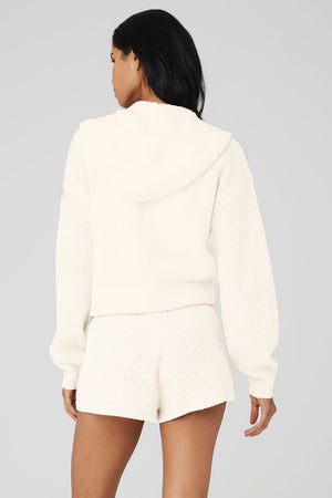 Cashmere Plush Waffle Full Zip Hoodie - Ivory