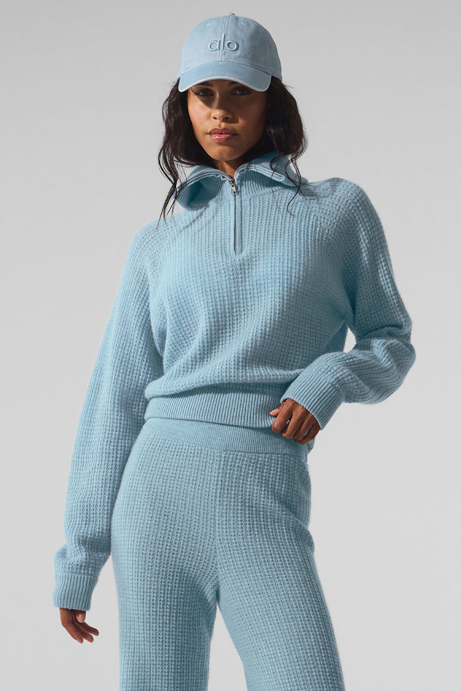 Cashmere Plush Waffle 1/4 Zip Pullover - Celestial Blue Heather