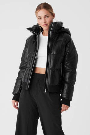 Faux Leather Boss Puffer - Black