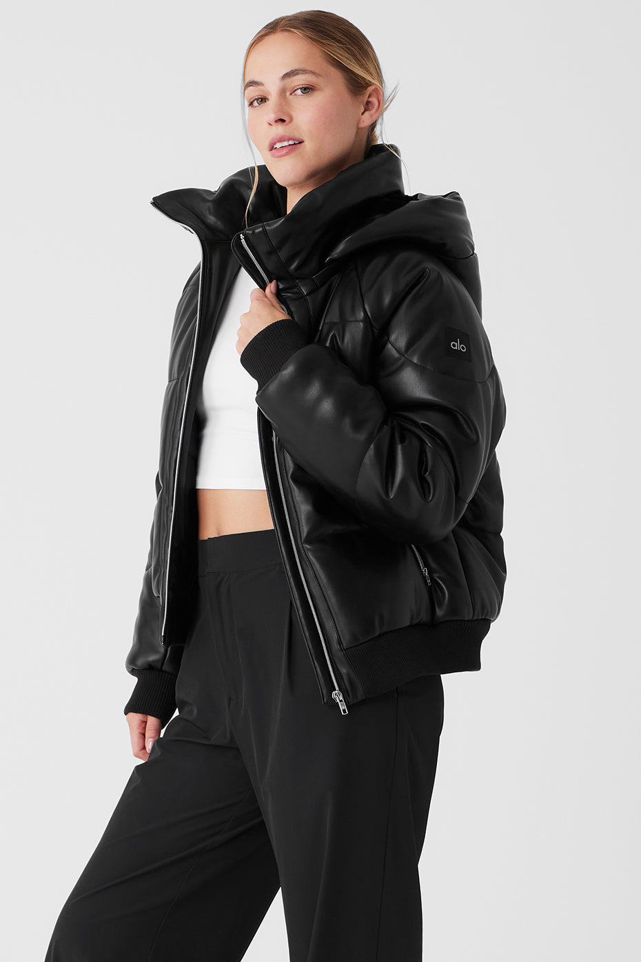 Faux Leather Boss Puffer - Black