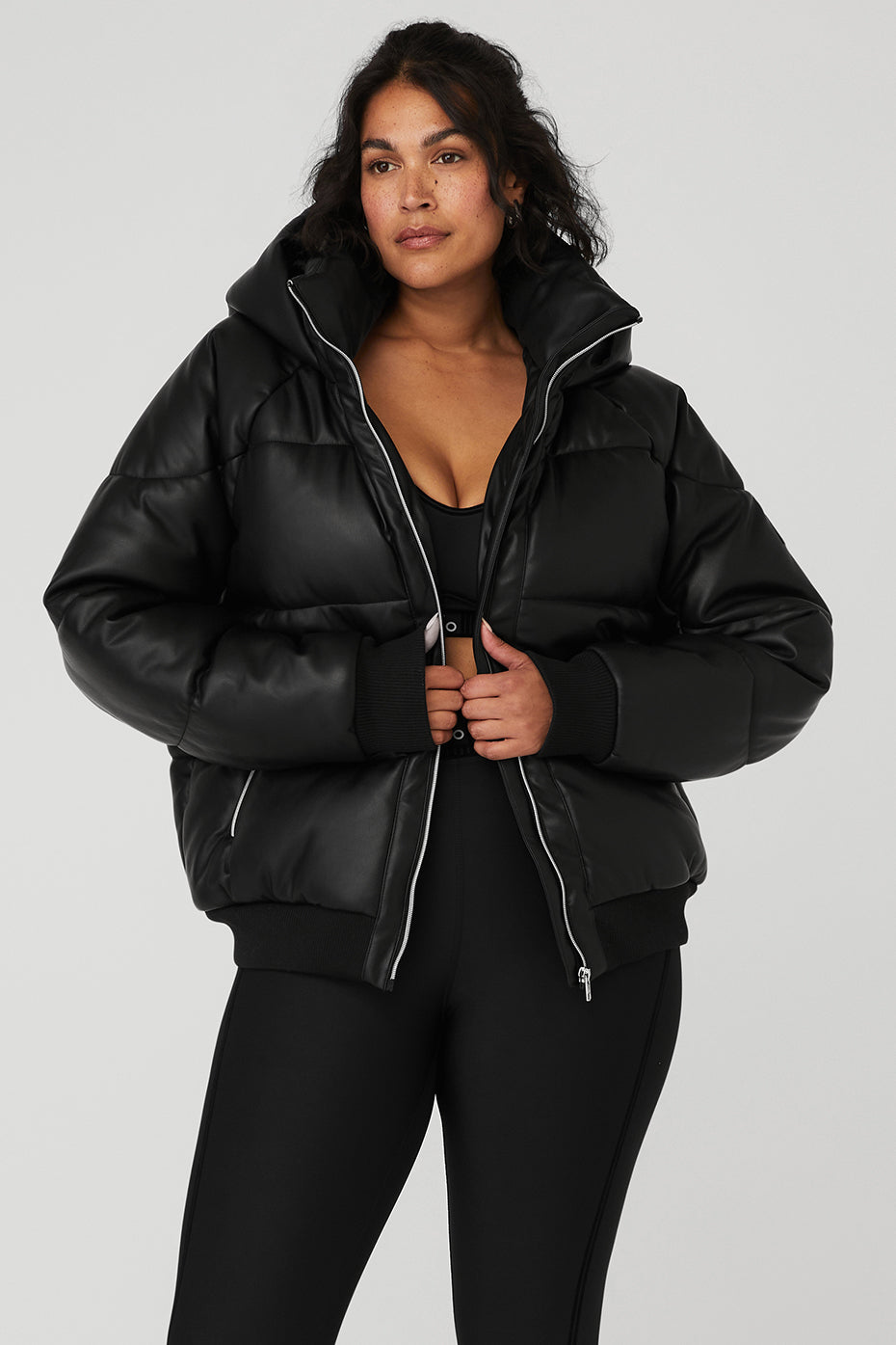 Faux Leather Boss Puffer - Black