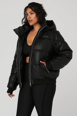 Faux Leather Boss Puffer - Black