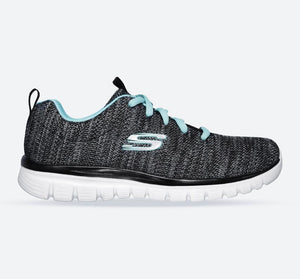 Women's Wide Fit Skechers 12614 Graceful Twisted Fortune Trainers - Black/Turquoise