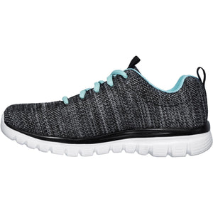 Women's Wide Fit Skechers 12614 Graceful Twisted Fortune Trainers - Black/Turquoise