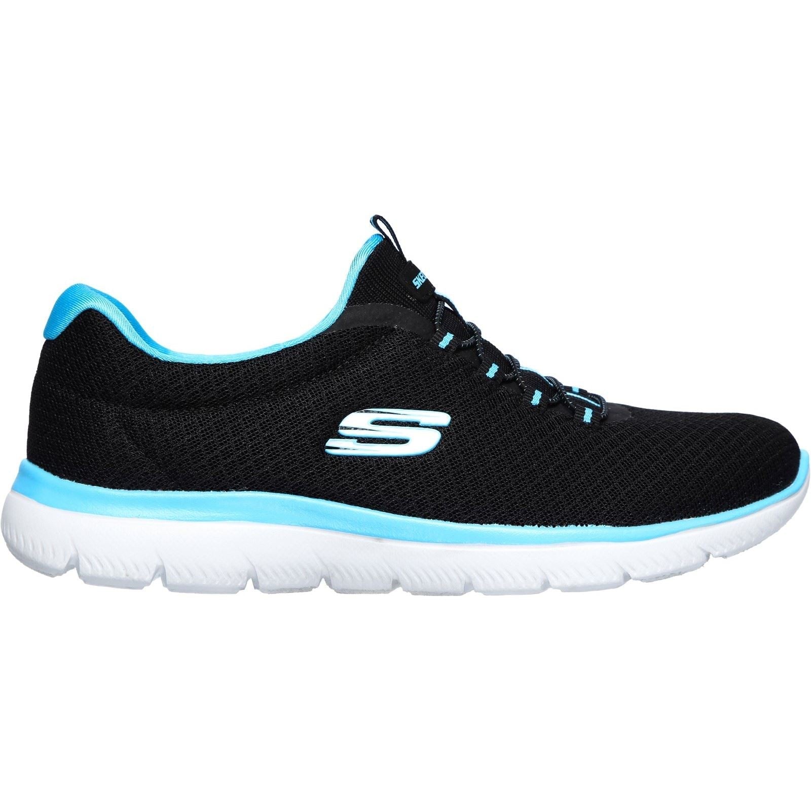 Women's Wide Fit Skechers 12980 Summits Slip On Sports Trainers - Black/Turquoise