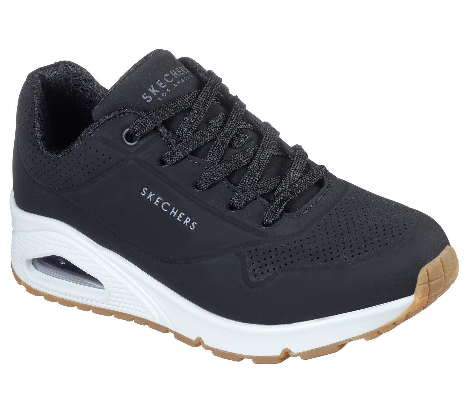 Women's Wide Fit Skechers 73690 Uno - Stand On Air Walking Street Wear Trainers - Black/White